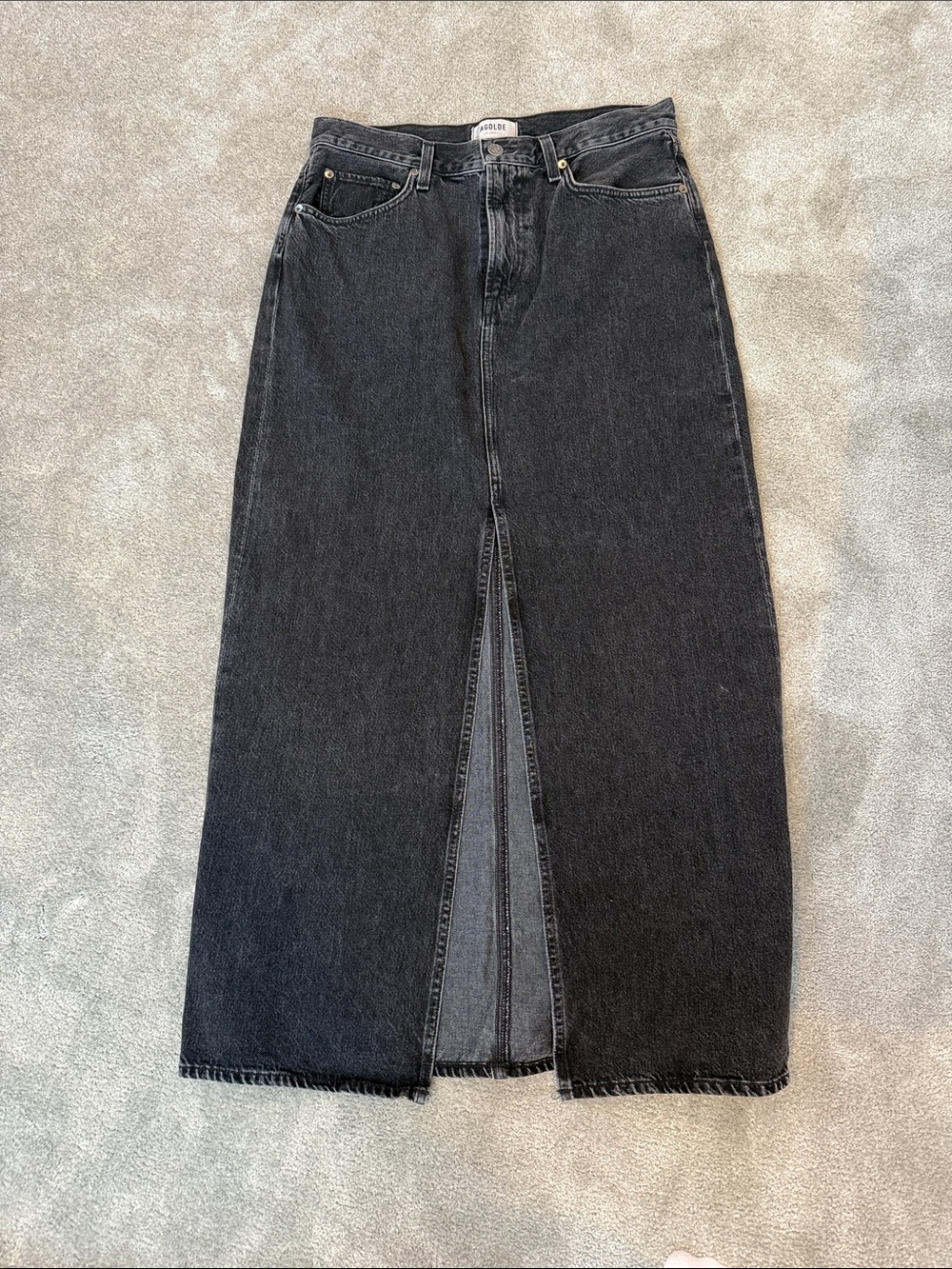 Agolde Black Straight Leg Denim Skirt with Front Slit